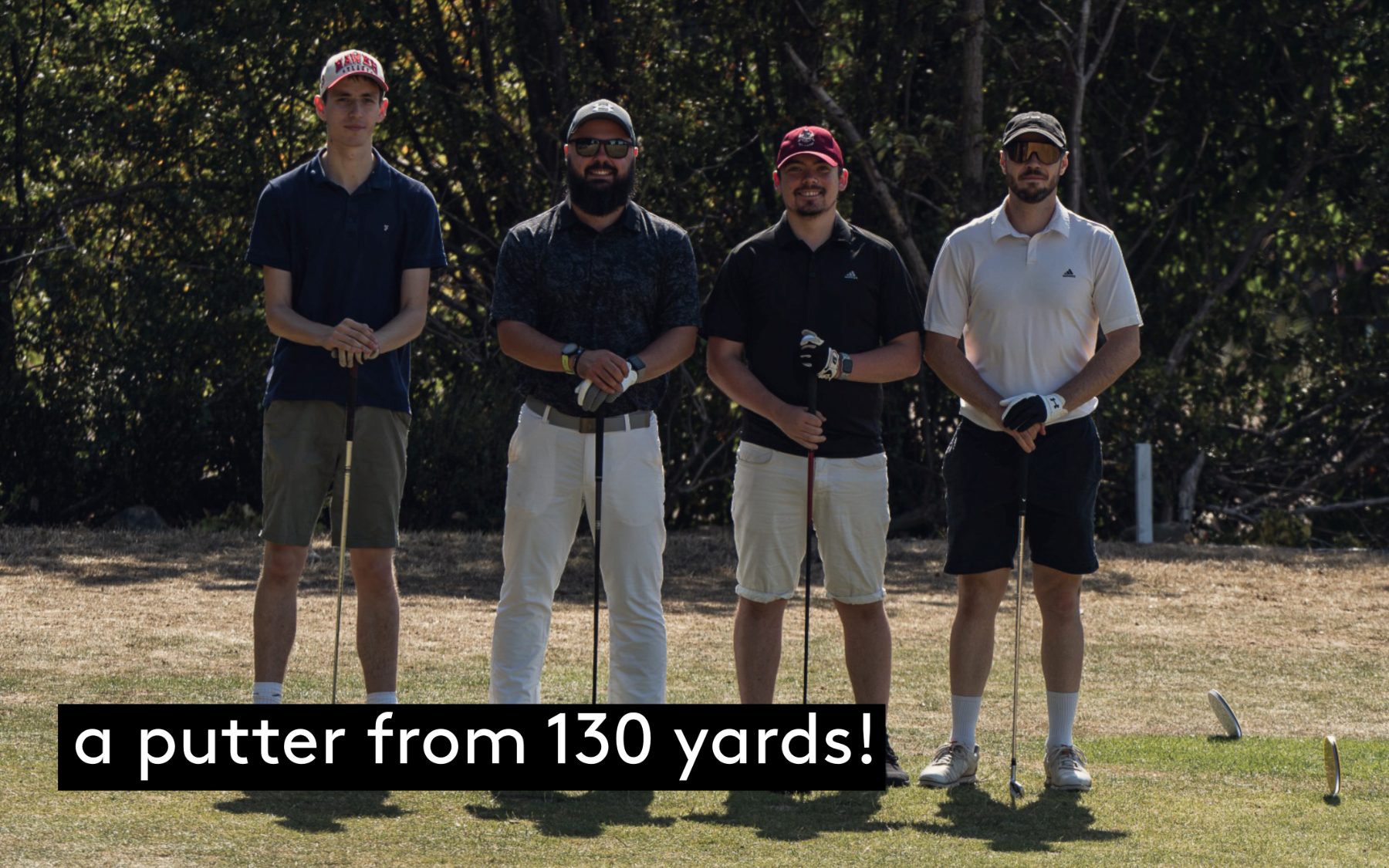 The we are _ team on the tee at Hanging Heaton Golf Club, four players with drivers, at Morley Cricket Club’s charity golf day